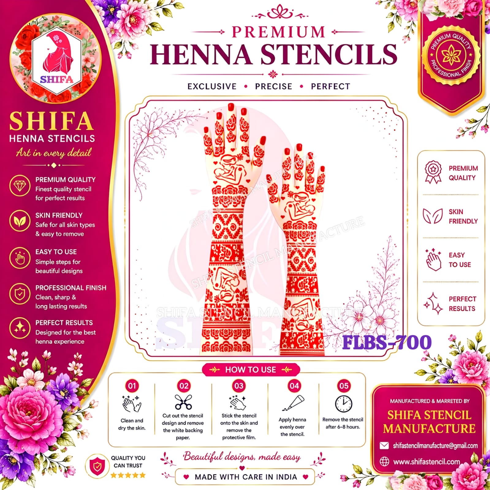 FLBS 700 Elegant Baby Shower Pattern Double Hand Henna Stencil